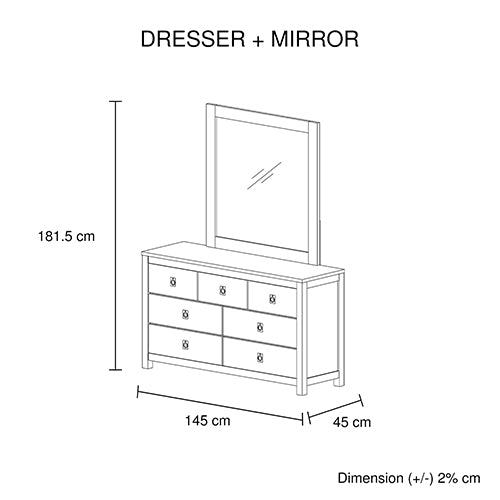 Dresser with 7 Storage Drawers in Solid Acacia & Veneer With Mirror in Could White Ash Colour