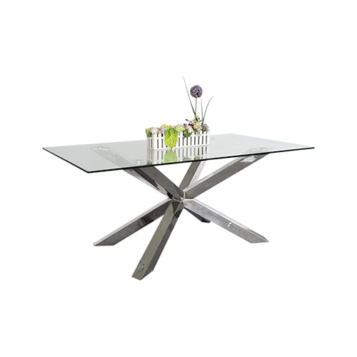 Dining Table in Crisscross Shaped High Glossy Stainless Steel Base with 12mm Tempered Glass Top