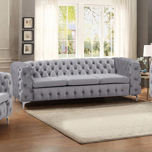 3 Seater Sofa Classic Button Tufted Lounge in Grey Velvet Fabric with Metal Legs