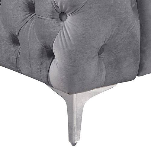 3 Seater Sofa Classic Button Tufted Lounge in Grey Velvet Fabric with Metal Legs