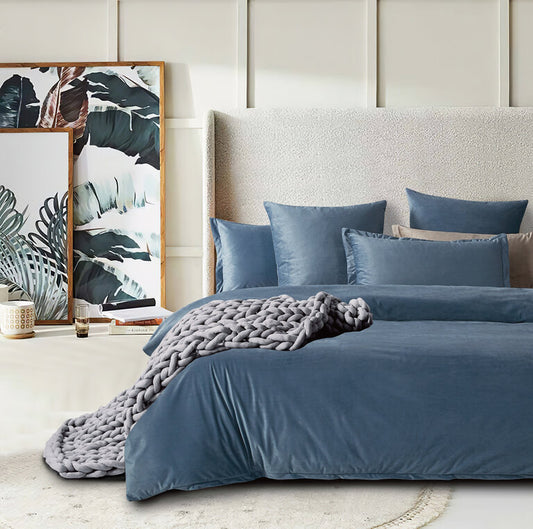 Corduroy Velvet Super King Bed Quilt Cover Set-Ash Blue