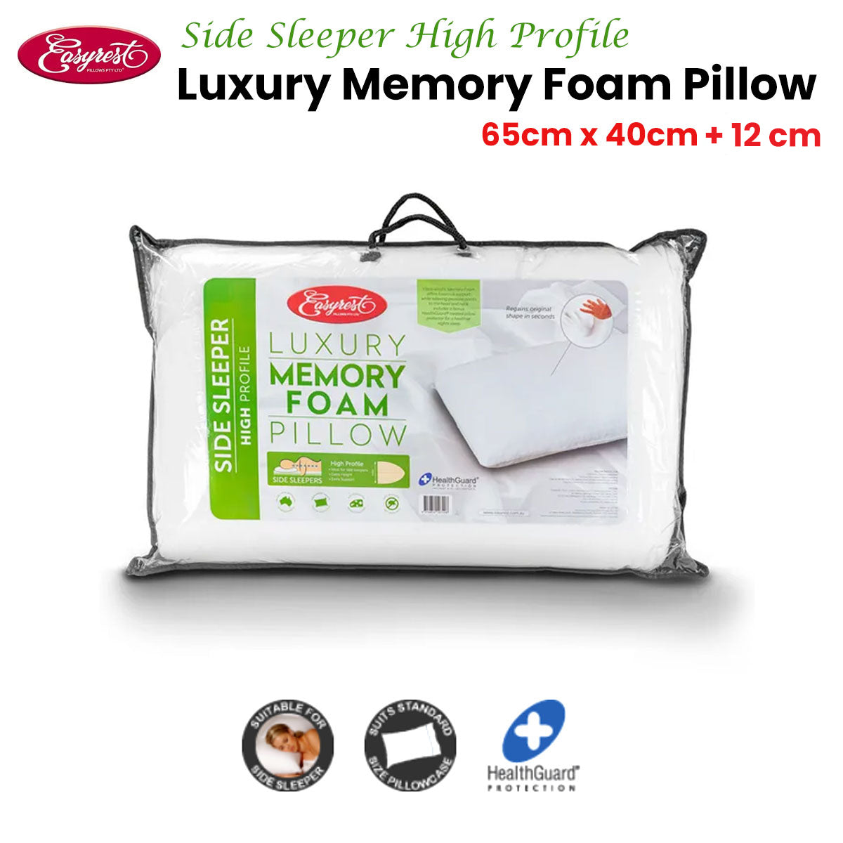 Easyrest Side Sleeper High Profile Luxury Memory Foam Pillow 65 x 40 + 12cm BONUS removable Cover