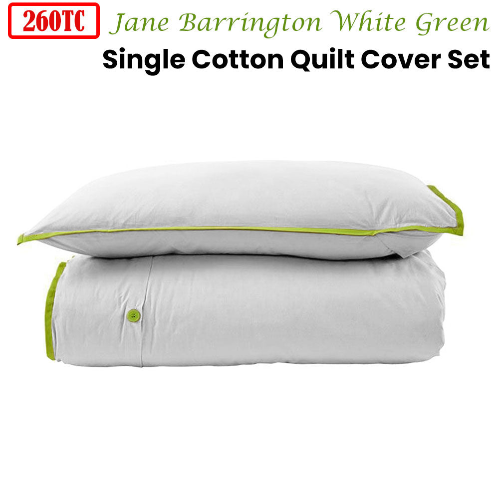 260TC 100% Cotton Quilt Cover Set Single White Green