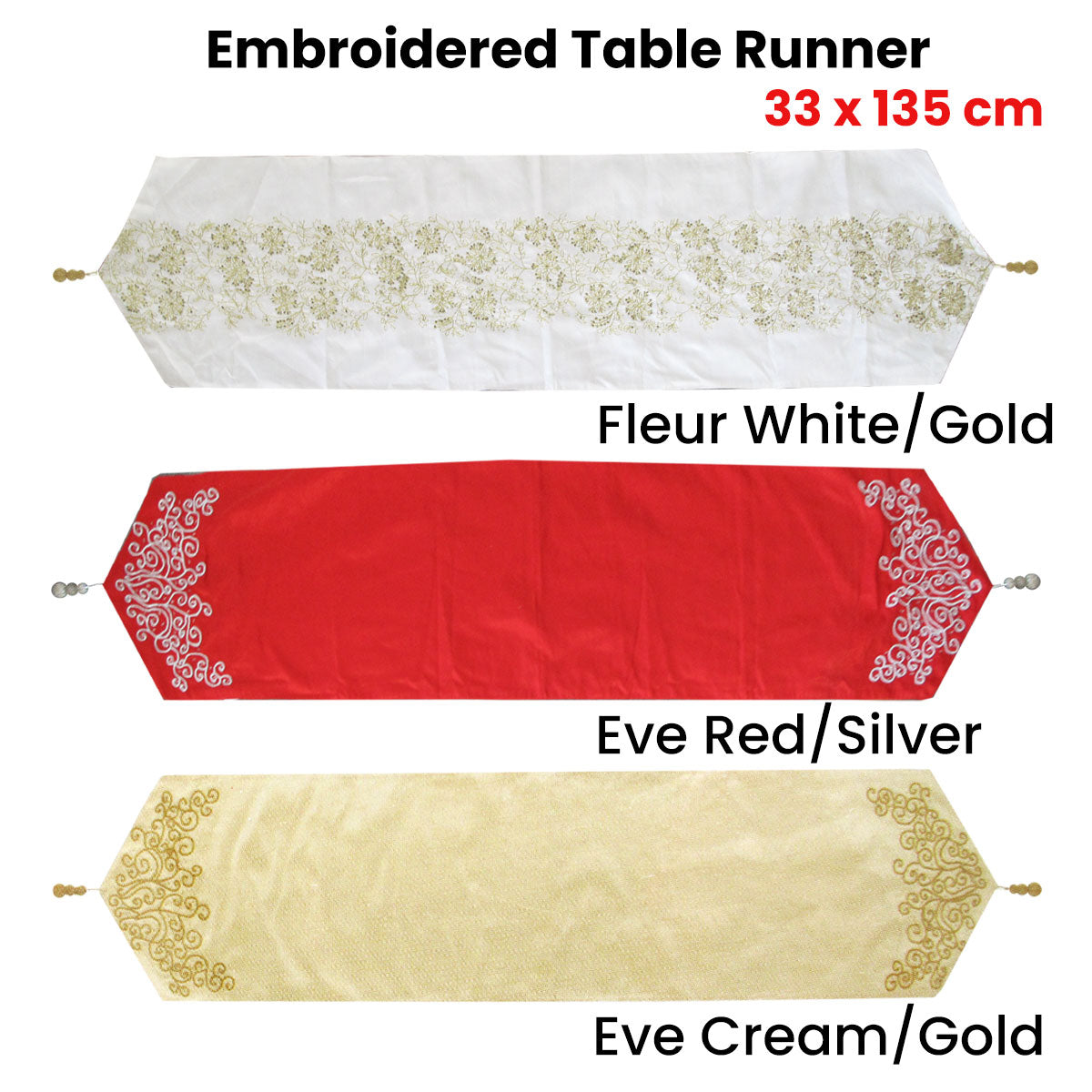 Embroidered Faux Silk Table Runner 33 x 135 cm Eve Cream Gold