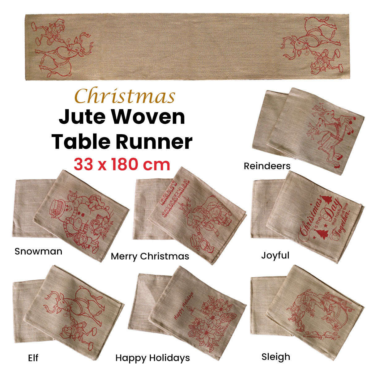 Christmas Jute Woven Taupe Table Runner 33 x 180cm Joyful