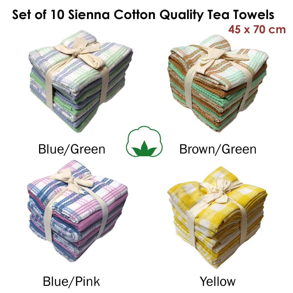 Set of 10 Sienna Cotton Tea Towels 45 x 70 cm Blue Green