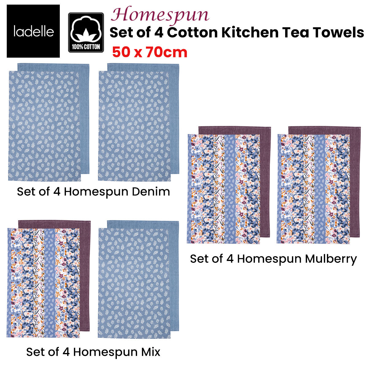 Ladelle Set of 4 Homespun Cotton Kitchen Tea Towels 50 x 70 cm Denim