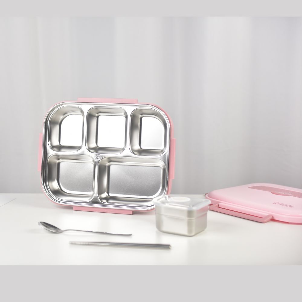 Kylin 304 Stainless Steel 5 Divided Smile Large Lunch Box With Soup Pot - Pink