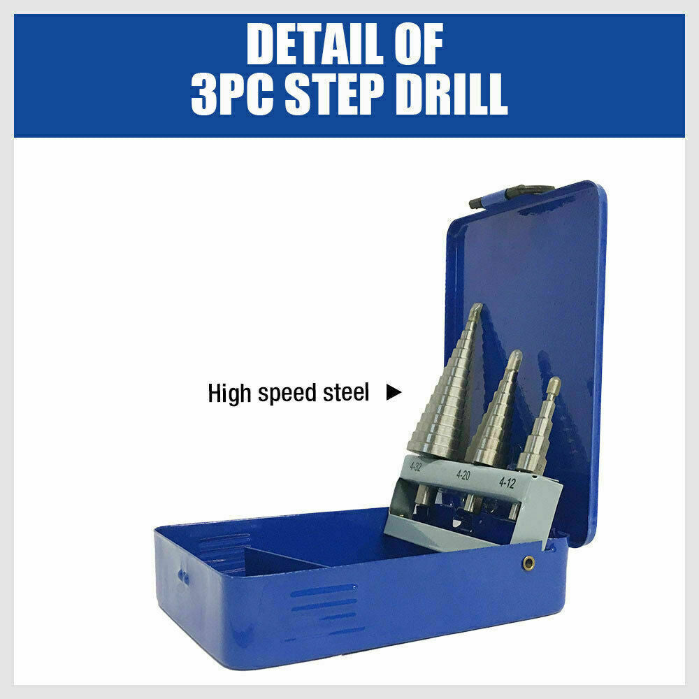 3Pc Step Cone Drill HSS Steel Titanium Bits Set Hole Cutting + Case 4-12/20/32mm