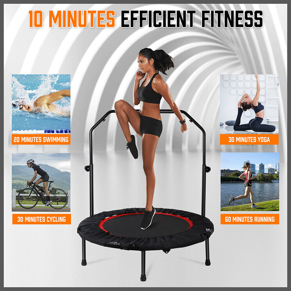 40" Mini Fitness Trampoline Gym Rebounder Handrail 4-Level Height Foam Handle