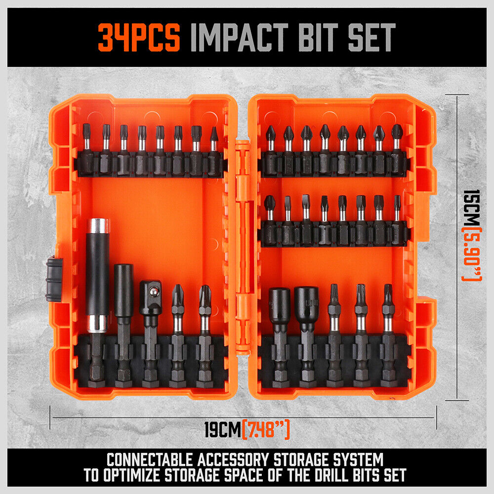 34Pc Impact Screwdriver Bit Set Nut Driver Magnetic Drill Holder Quick Release