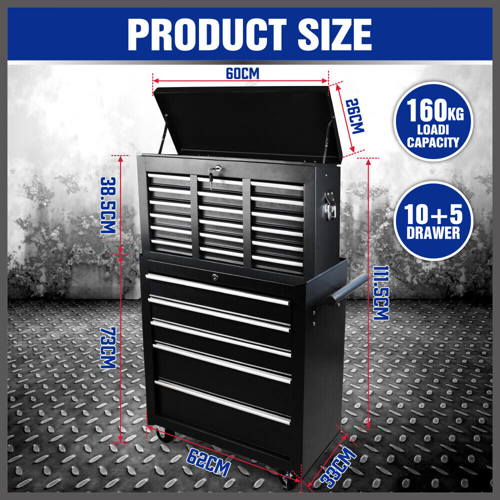 15-Drawer Tool Box Trolley Cabinet - Lockable Storage Cart Garage Toolbox Organizer System