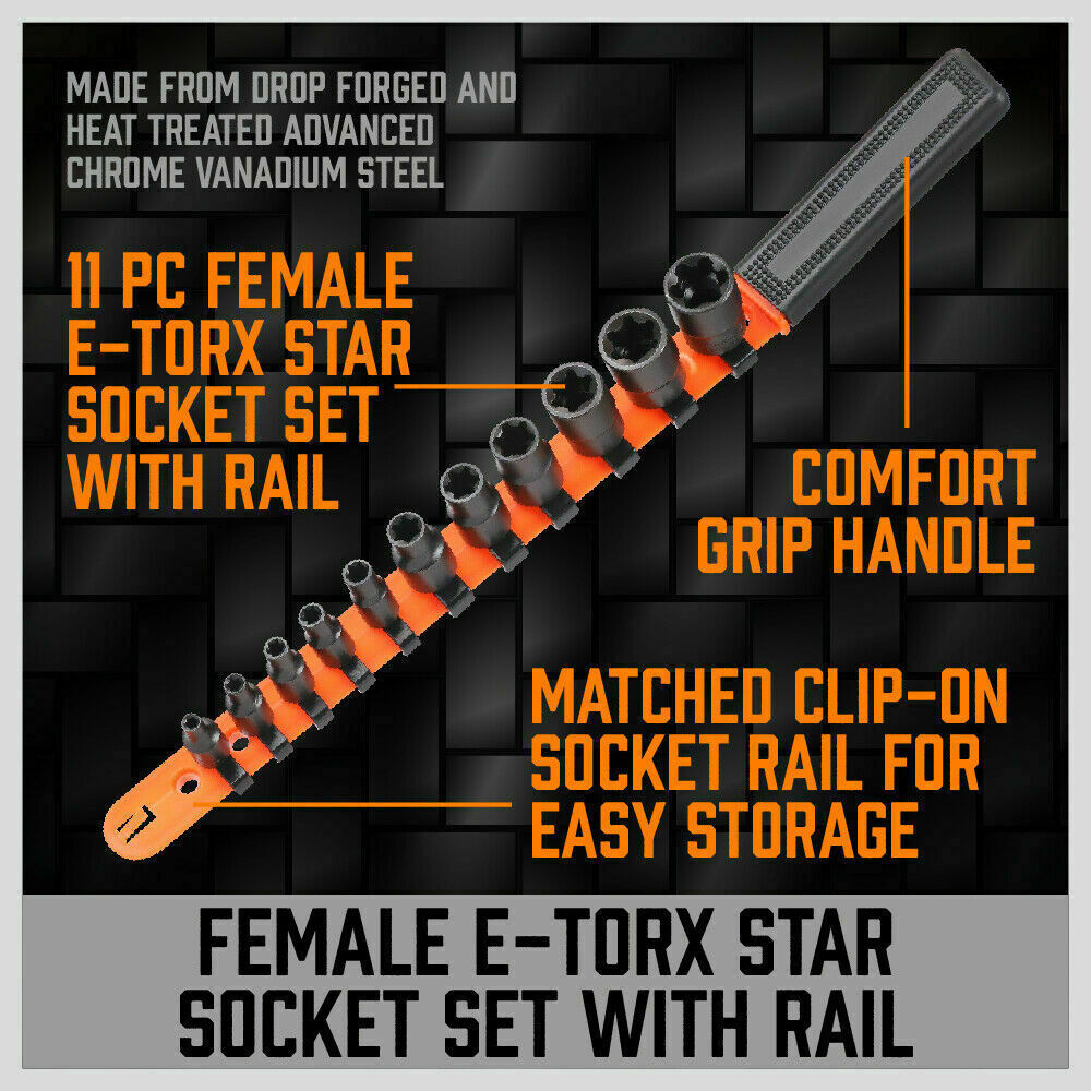 11Pc E-Torx Socket Set Female External Star Type E4-E20 3/8" 1/4" Dr. With Rail