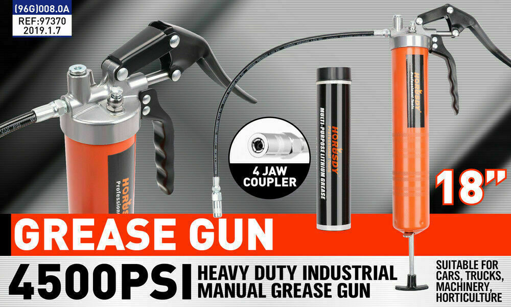 18'' Manual Pistol Grip Grease Gun Flow Pressure 4500PSI Flexi Hose & Coupler