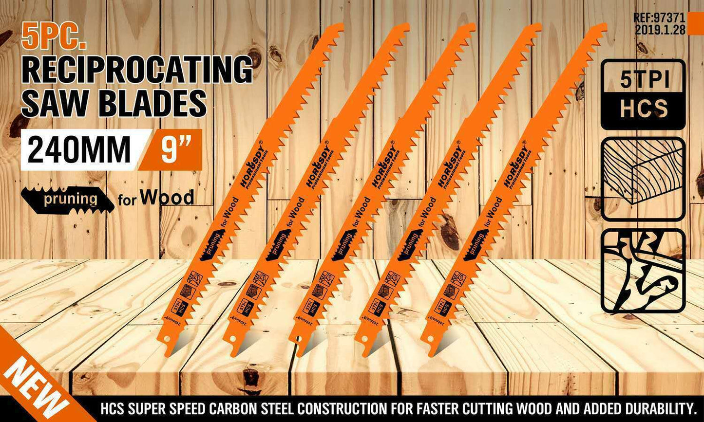 5Pc 9" / 240mm Reciprocating Saw Blades 5TPI Wood Timber Pruning Tool W/T Case