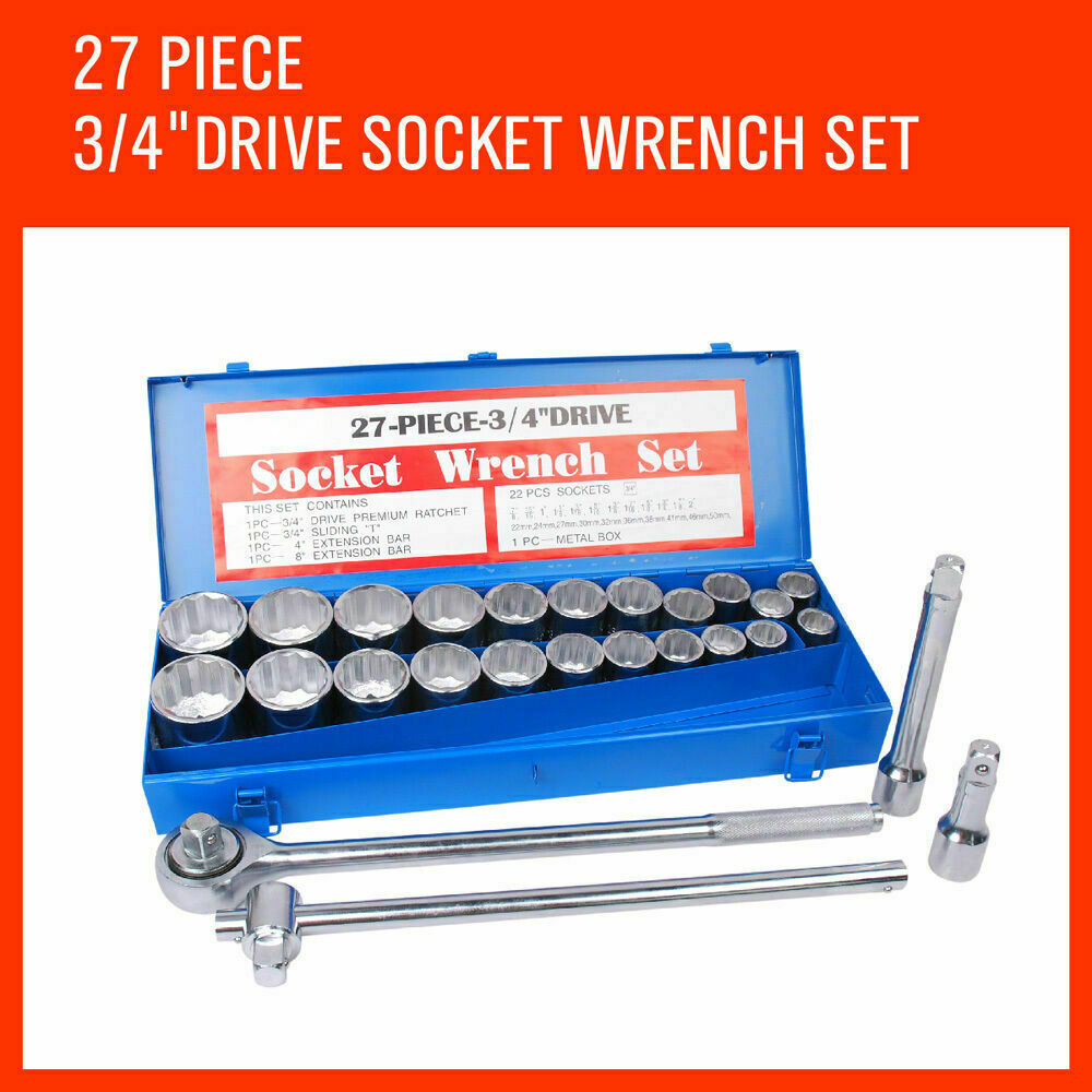 27Pc Heavy Duty Socket Wrench Set 3/4" Drive Metric & Imperial Extension Case