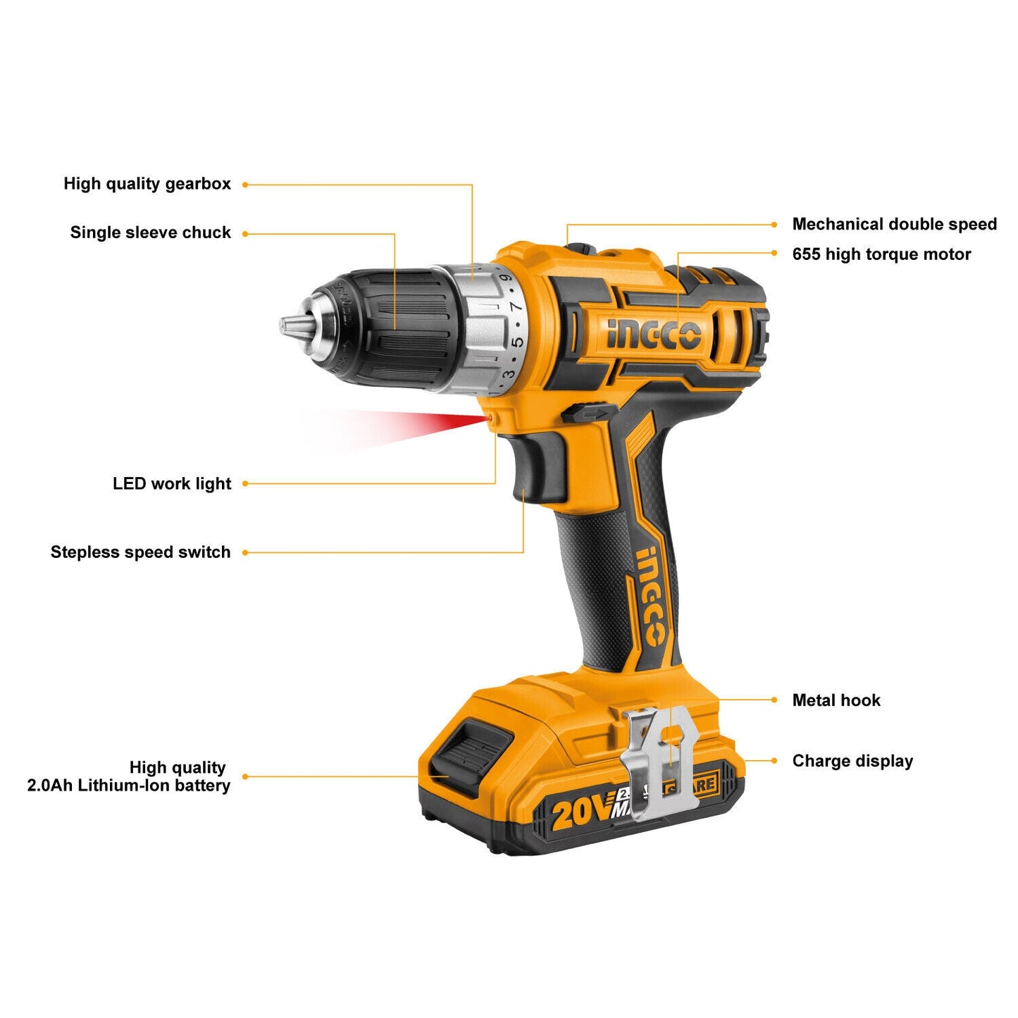 INGCO Cordless Power Drill Electric Screwdriver Drilling With Battery & Charger