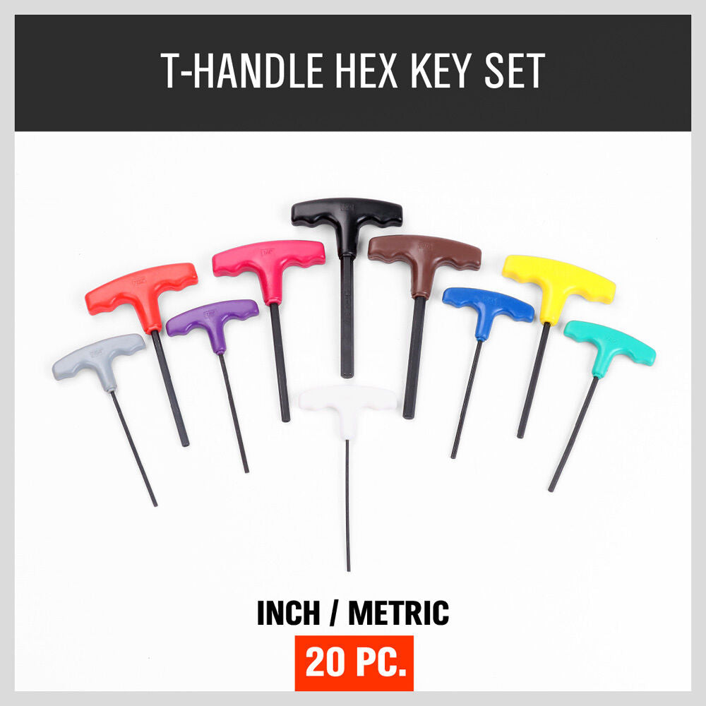 20Pc T-Handle Hex Key Set Allen Wrench Metric & Imperial / SAE Colour With Stand