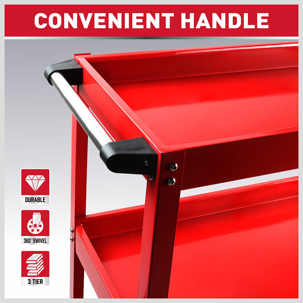 Tool Trolley 3-Tier Workshop Cart Rolling Steel Parts Storage Handyman 150KG Red