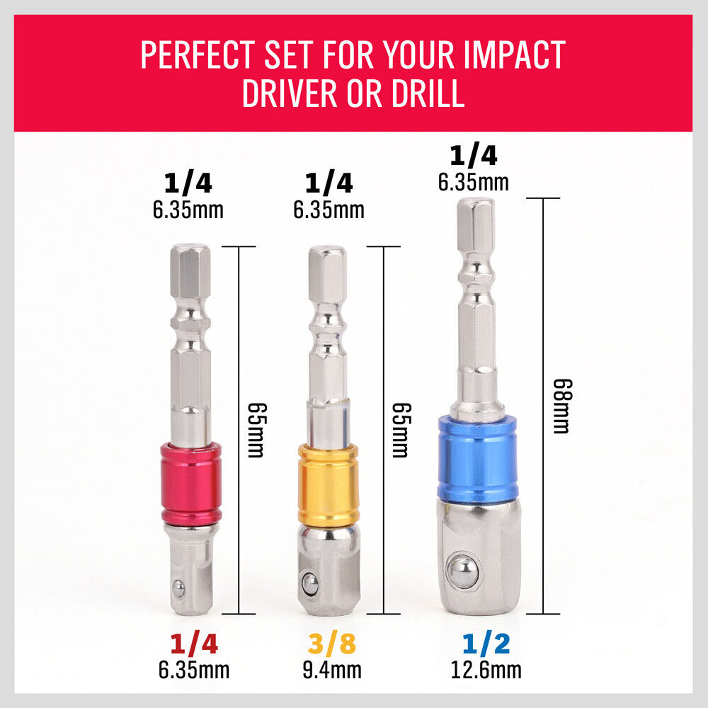 3Pc Socket Bit Adaptor Set Drill Nut Driver Power Extension Bars 1/4" 3/8" 1/2"