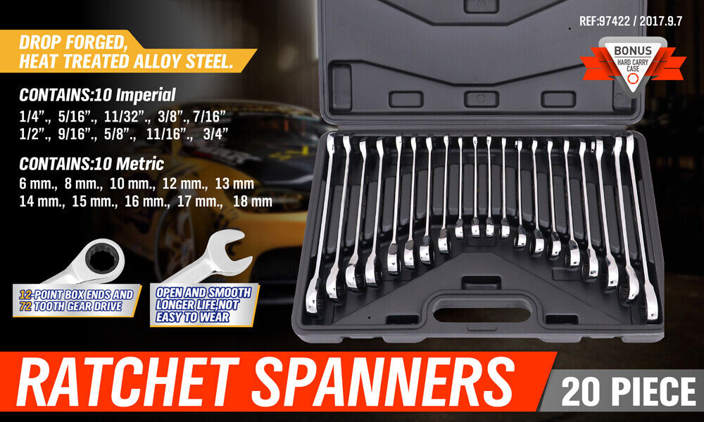 20Pc Ratchet Spanner Set Metric & Imperial Combination Wrench Open End Ring CR-V