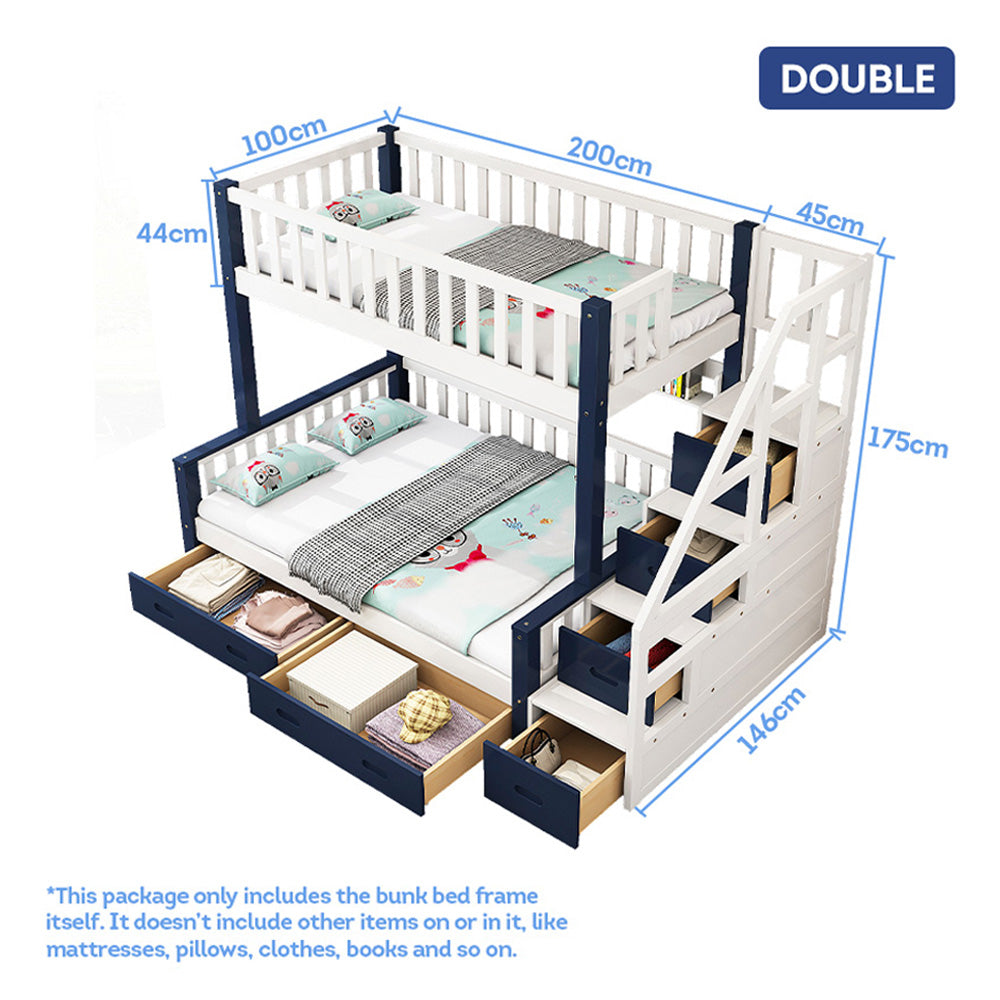 Mason Taylor Bunk Bed Frame Drawers Bunk Beds - White&Blue (Queen: 10% OFF PRE-SALE, Dispatch in 8 weeks) - DOUBLE