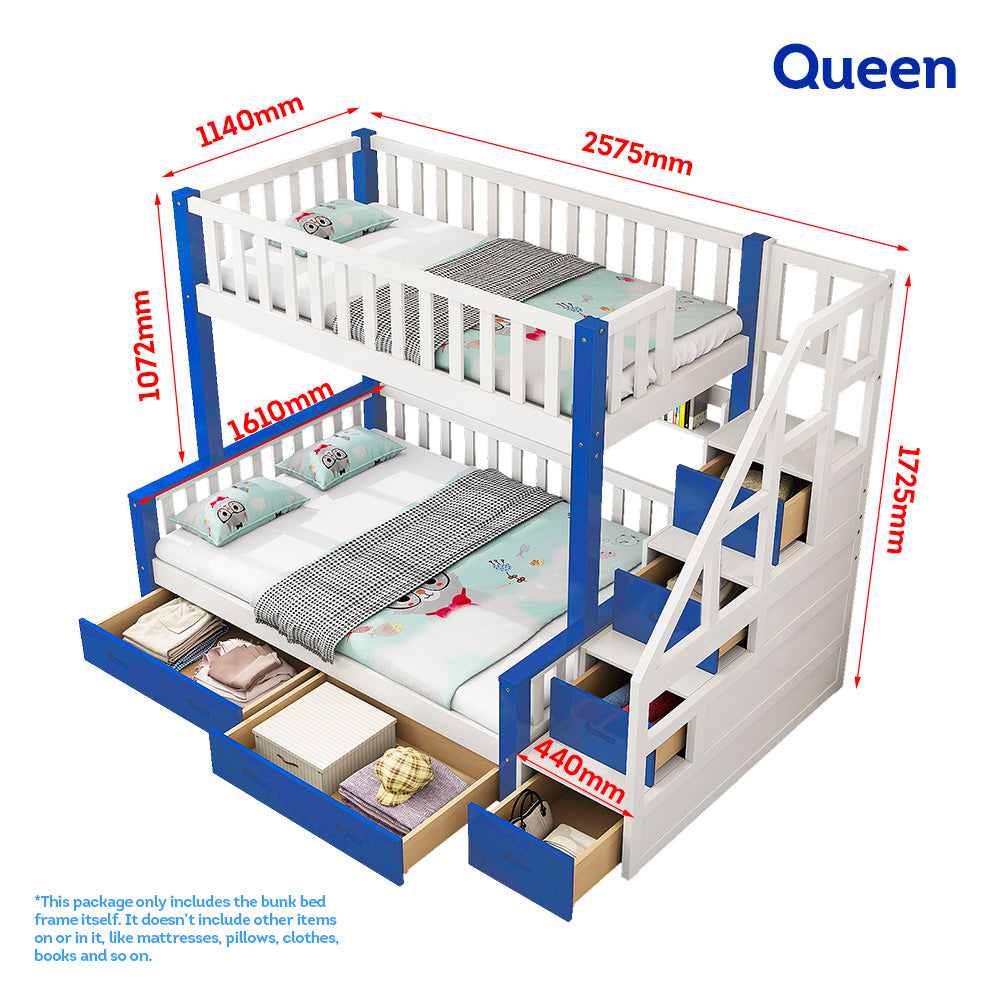 MASON TAYLOR Bunk Bed Frame Drawers Bunk Beds - White&Blue - QUEEN