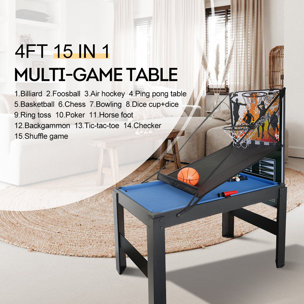 T&R SPORTS 4Ft 15 In 1 Multi-Game Table MDF with Great Stability - Black&Blue