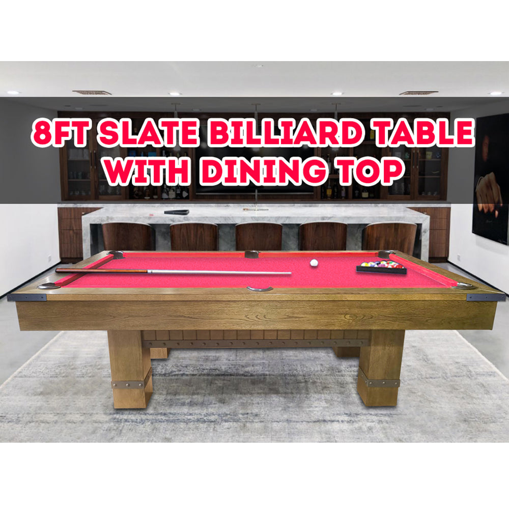 T&R SPORTS MORSE 8FT Slate Billiard Table Pack Luxury Pool / Snooker Table Solid Timber W/ Dining Top Free Accessories - Elm Color&Red