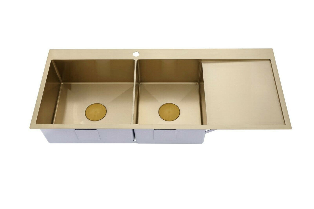 2021 Burnished Brass Gold stainless steel 304 double bowl kitchen sink with drainer on right tap hole