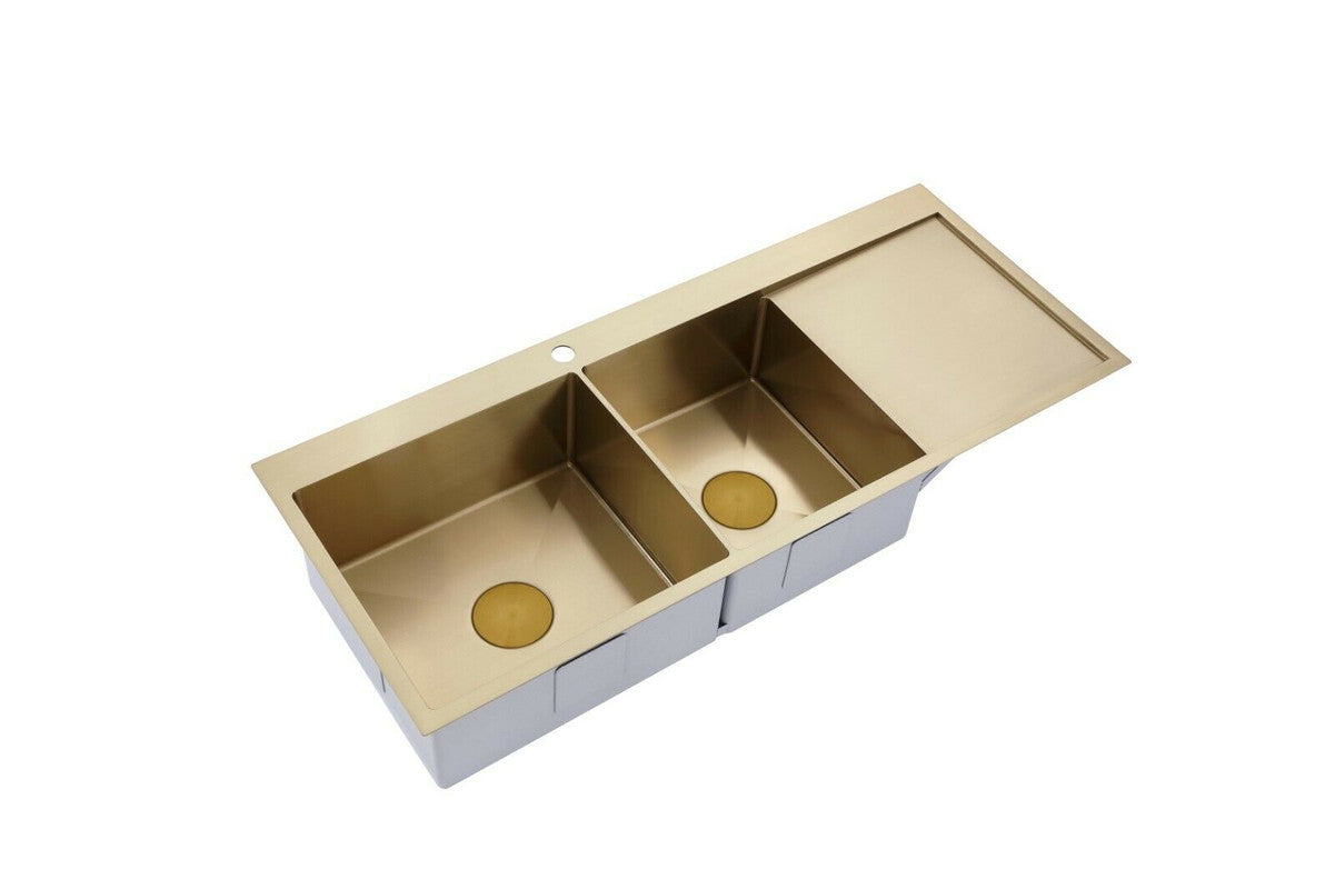 2021 Burnished Brass Gold stainless steel 304 double bowl kitchen sink with drainer on right tap hole