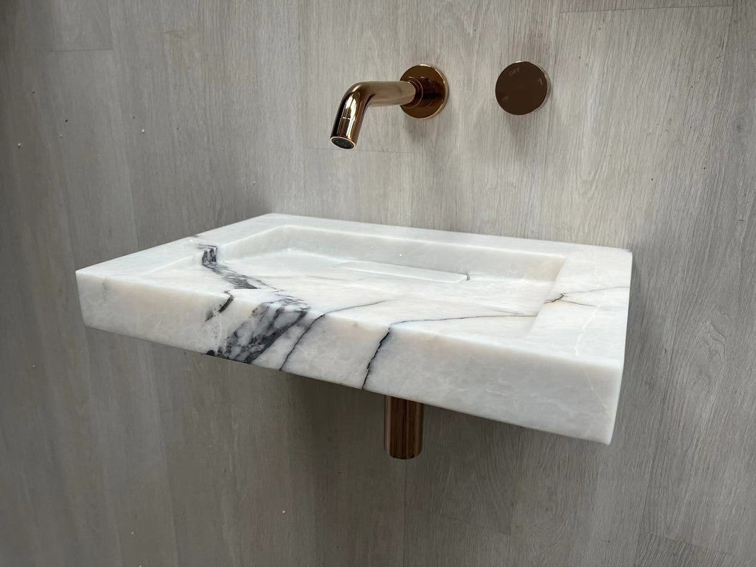 2023 Hand Crafted Marble Nature stone wash basin Matte White wall hung 470*320*60 mm