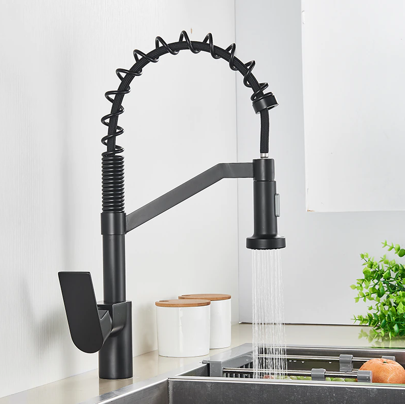 2022 Matte Black pull out with spray function spring kitchen mixer tap faucet