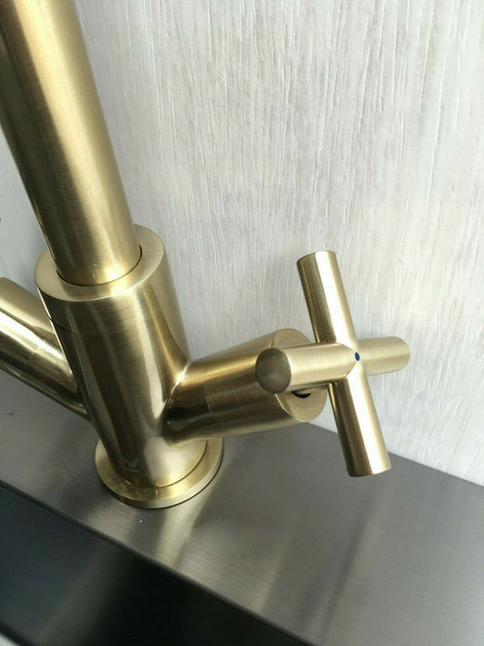 2023 Brushed Brass Gold Cross 1/4 turn hot cold Solid stainless steel  goose neck Swivel Kitchen tap