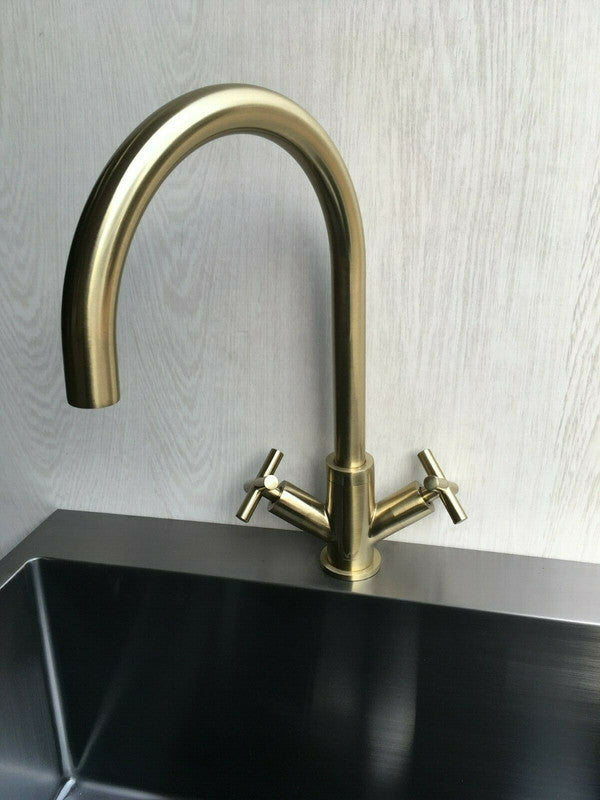 2023 Brushed Brass Gold Cross 1/4 turn hot cold Solid stainless steel  goose neck Swivel Kitchen tap