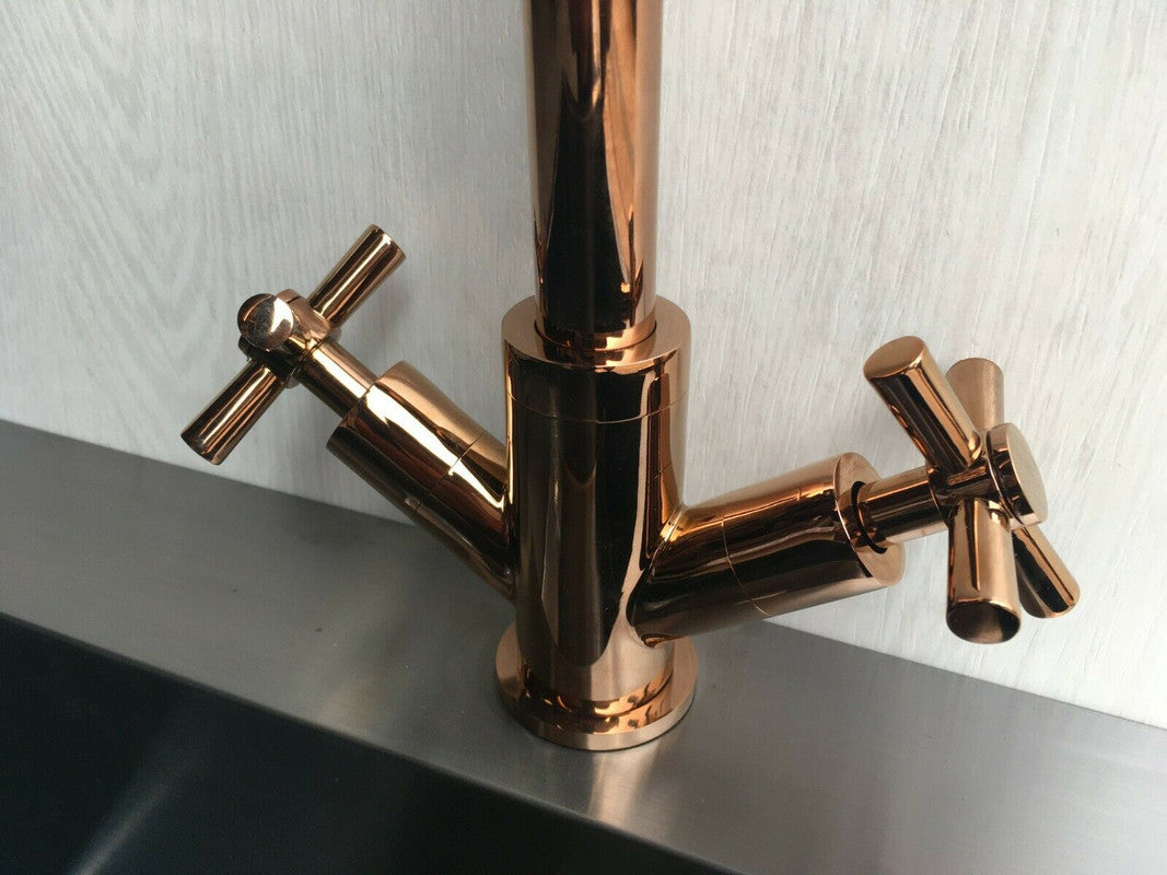 2023 Brushed Brass Gold Cross 1/4 turn hot cold Solid stainless steel  goose neck Swivel Kitchen tap