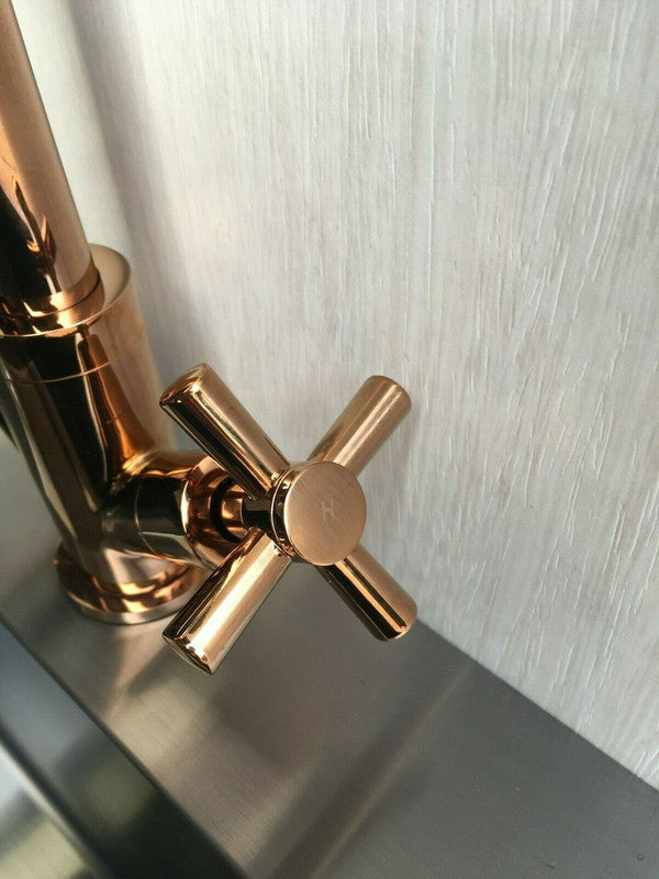 2023 Brushed Brass Gold Cross 1/4 turn hot cold Solid stainless steel  goose neck Swivel Kitchen tap