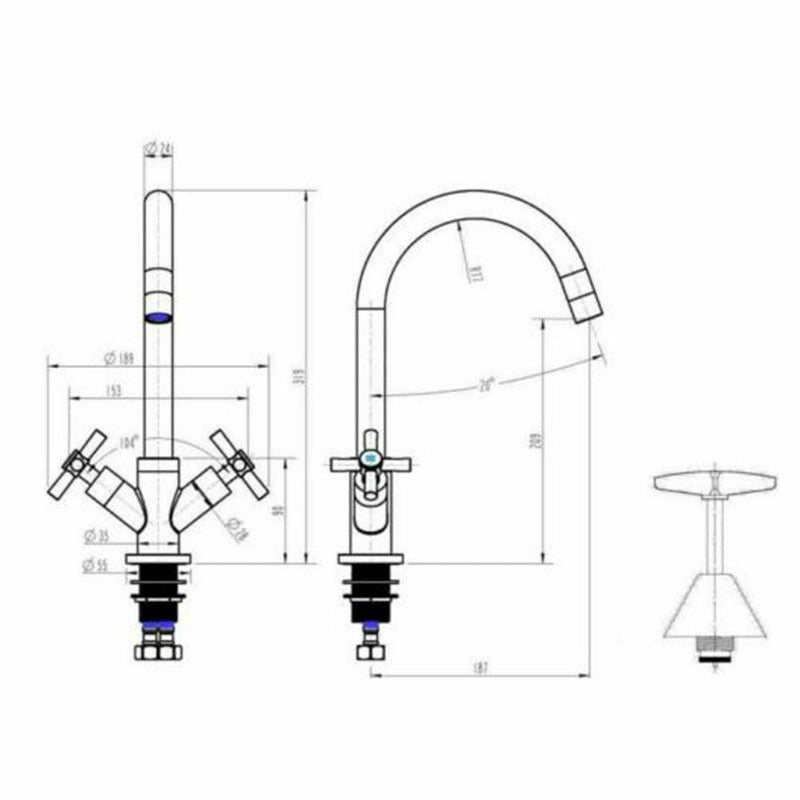 2023 Brushed Brass Gold Cross 1/4 turn hot cold Solid stainless steel  goose neck Swivel Kitchen tap