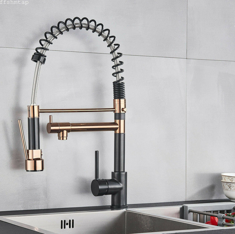 2022 Matte Black & Rose gold pull out with spray function spring kitchen mixer tap faucet