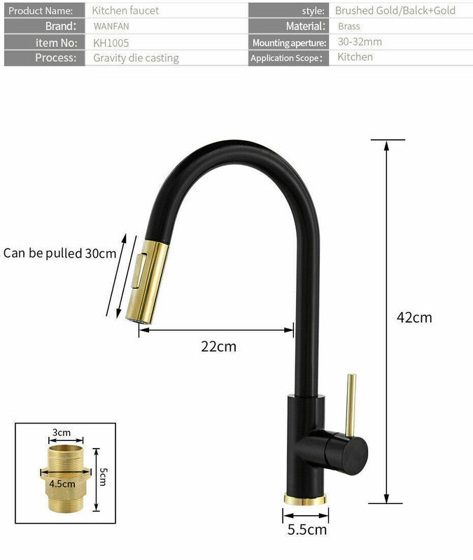 2023 Brushed Gold Spout Matte Black pull out with spray function kitchen mixer tap faucet NO sensor