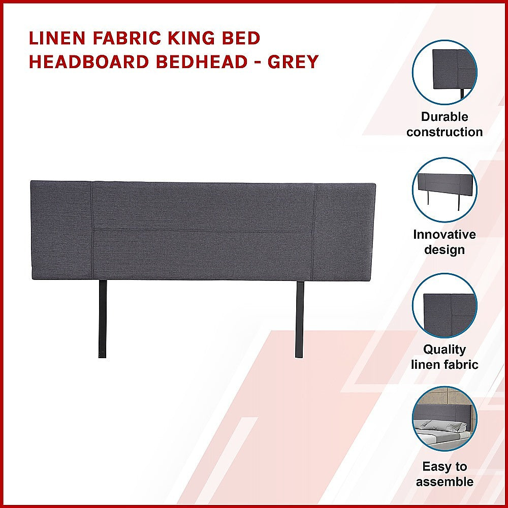 Linen Fabric King Bed Headboard Bedhead - Grey