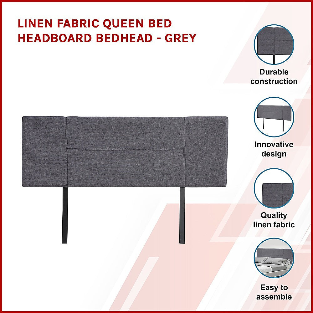 Linen Fabric Queen Bed Headboard Bedhead - Grey