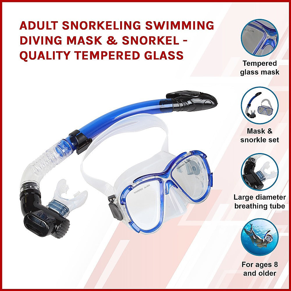 Adult Snorkeling Swimming Diving Mask & Snorkel - Quality Tempered Glass