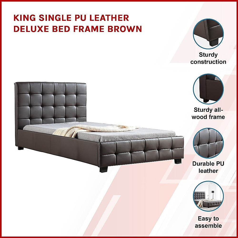 King Single PU Leather Deluxe Bed Frame Brown