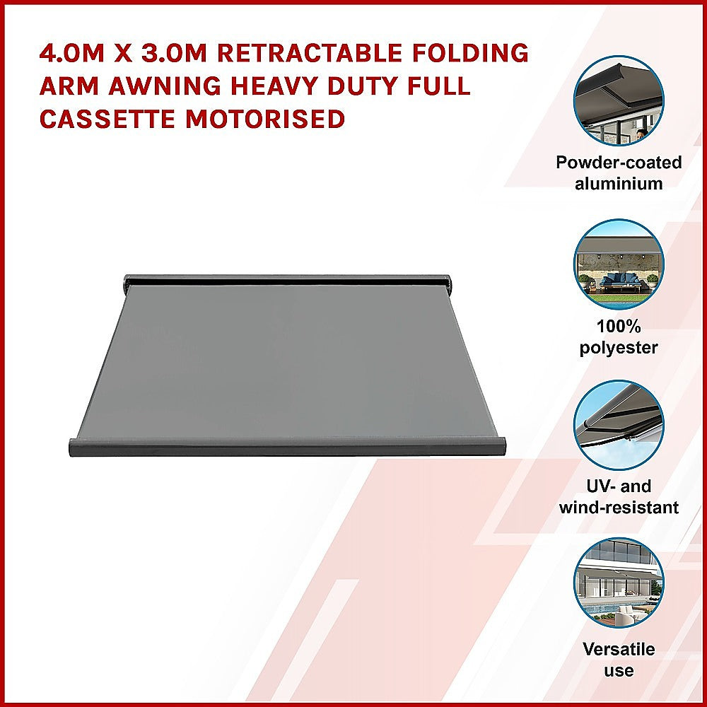 4.0m x 3.0m Retractable Folding Arm Awning Heavy Duty Full Cassette Motorised