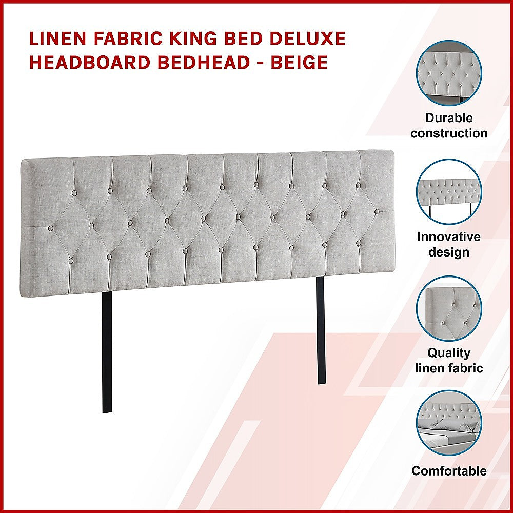 Linen Fabric King Bed Deluxe Headboard Bedhead - Beige