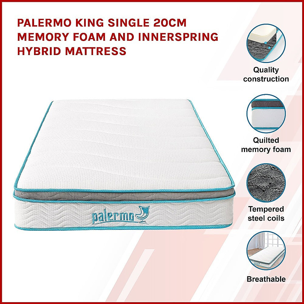 Palermo King Single 20cm Memory Foam and Innerspring Hybrid Mattress