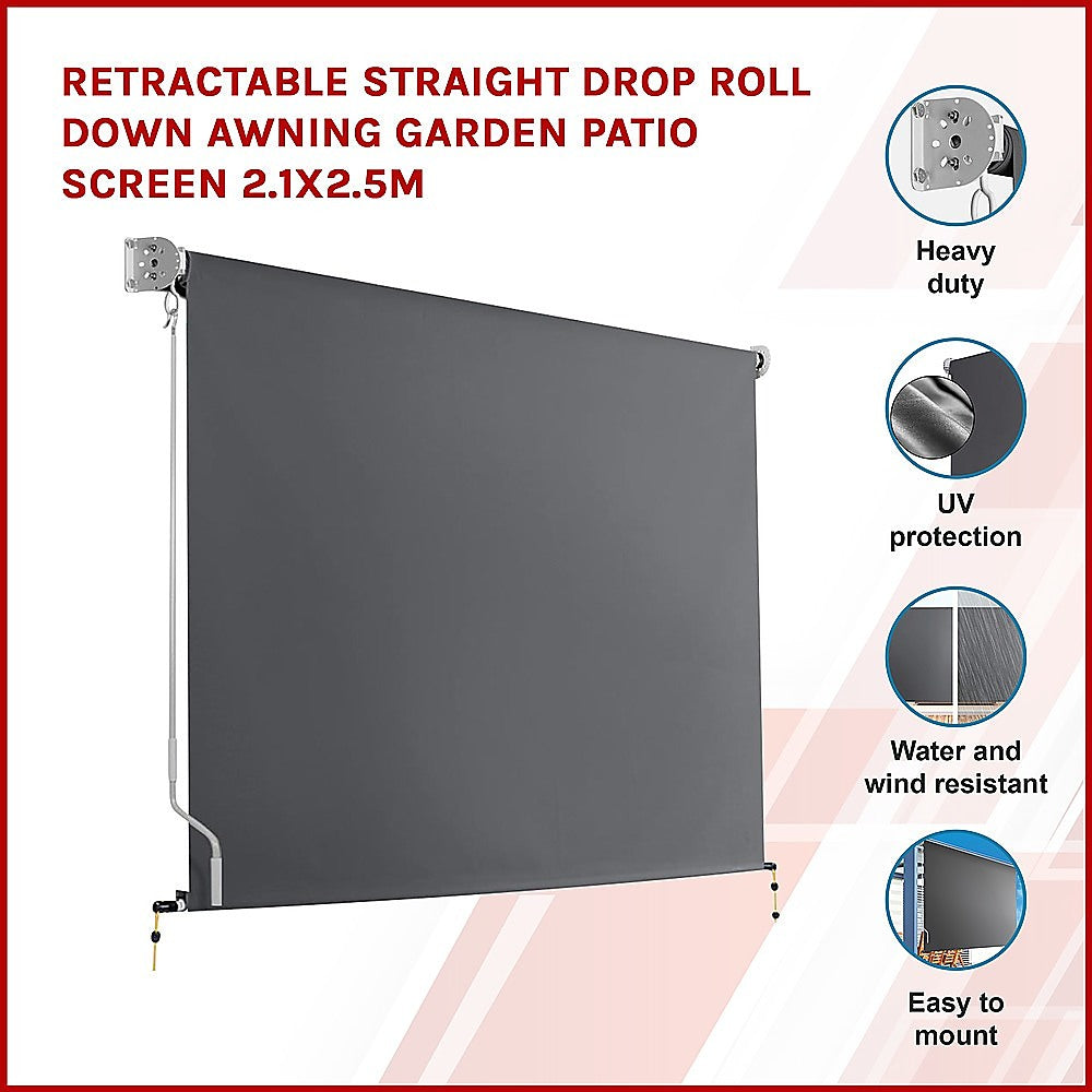 Retractable Straight Drop Roll Down Awning Garden Patio Screen 2.1X2.5M