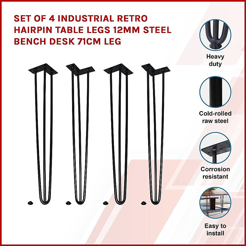 Set of 4 Industrial Retro Hairpin Table Legs 12mm Steel Bench Desk 71cm Leg