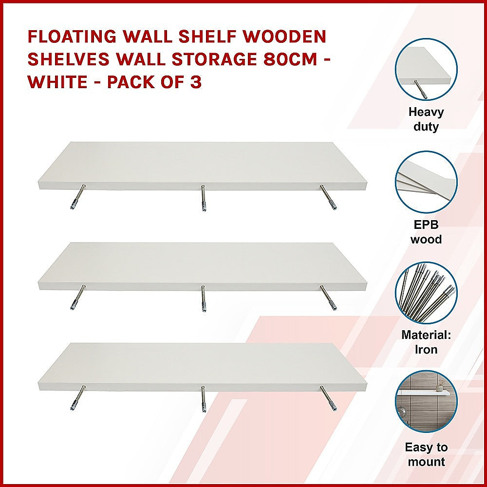 Floating Wall Shelf Wooden Shelves Wall Storage 80cm - White - Pack of 3